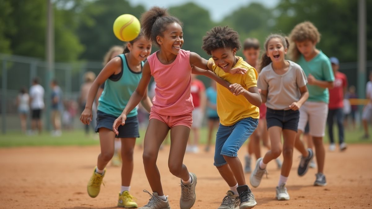 Een diverse groep jongeren die softbal spelen, met enthousiasme en teamwork