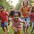 Een diverse groep kinderen die buiten speelt