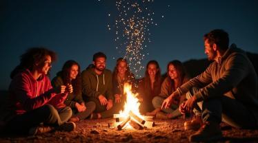Een diverse groep mensen deelt hun dromen rond een kampvuur.