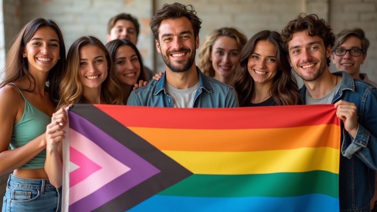 Een diverse groep mensen die de niet-binaire vlag vieren.