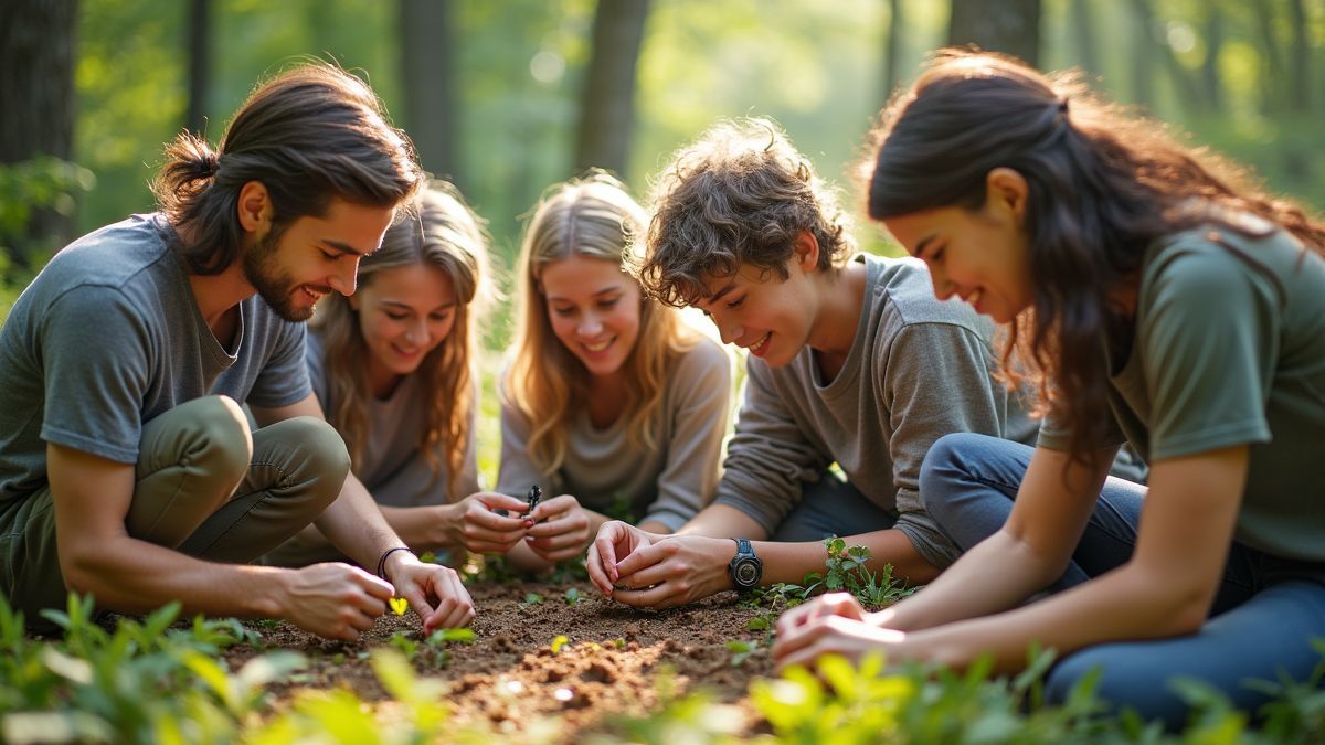 Een diverse groep mensen die deelnemen aan activiteiten over insecten