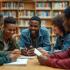 Een diverse groep mensen die informatie deelt in een bibliotheek