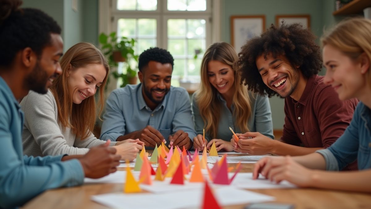 Een diverse groep mensen die samen een origami workshop volgt