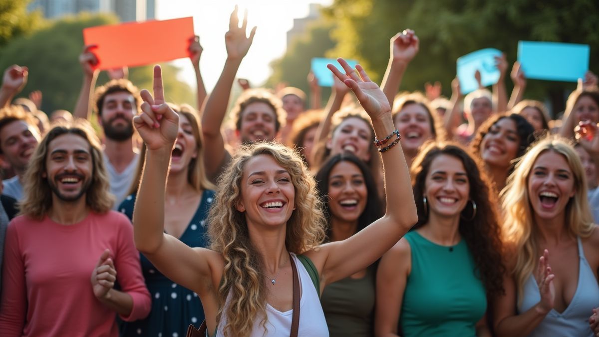 Een diverse groep mensen die samen vieren en burgerrecht banners omhoog houden