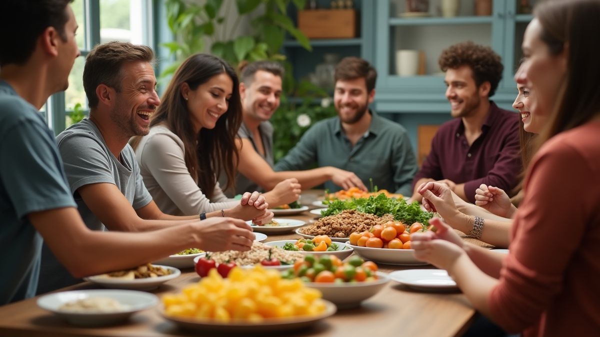 Een diverse groep mensen die samenkomt om voedsel te delen en bewustzijn over hongersnoodkwesties te vergroten