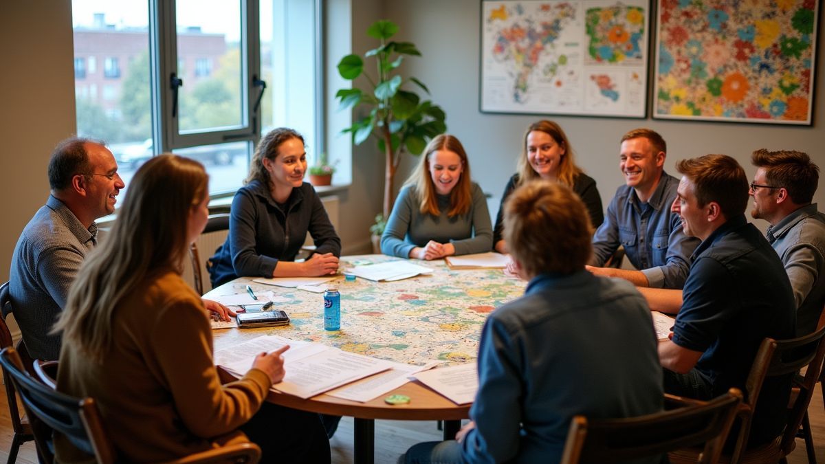 Een diverse groep mensen die stedelijke planning bespreekt in een gemeenschapssetting.