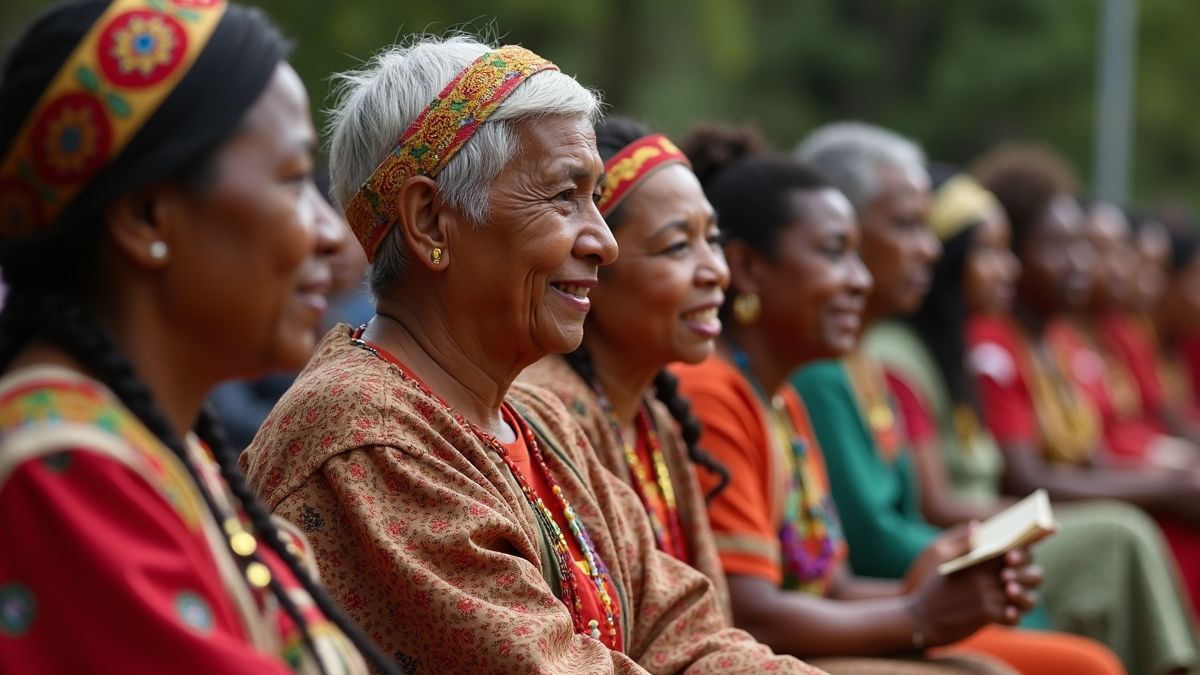 Een diverse groep mensen die verhalen en tradities deelt tijdens een multiculturele viering.