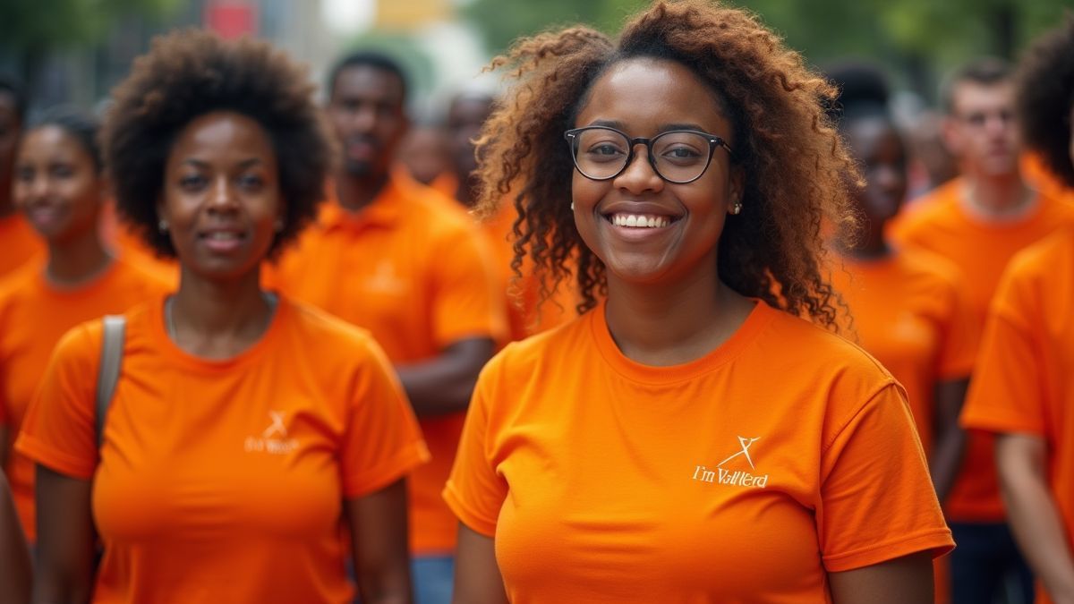 Een diverse groep mensen in oranje shirts
