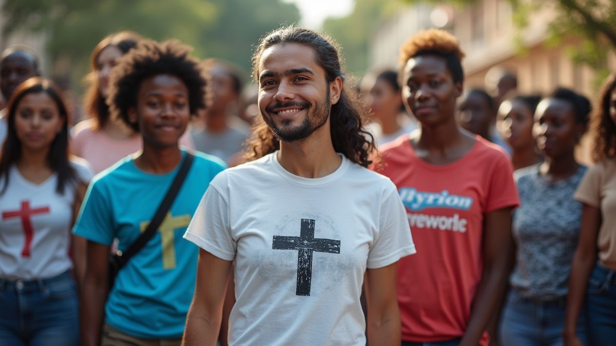 Een diverse groep mensen met Christelijke t-shirts