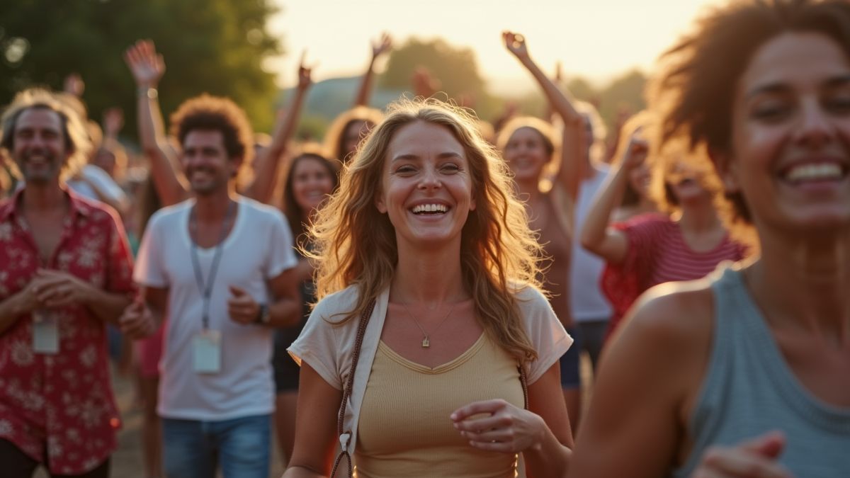Een diverse groep mensen van alle leeftijden danst gelukkig samen buiten.