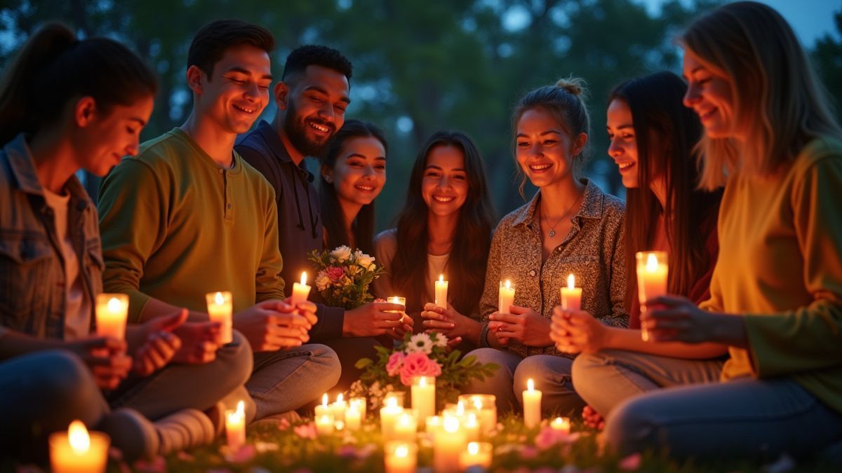 Een diverse groep mensen verzameld bij een herdenkingsplek