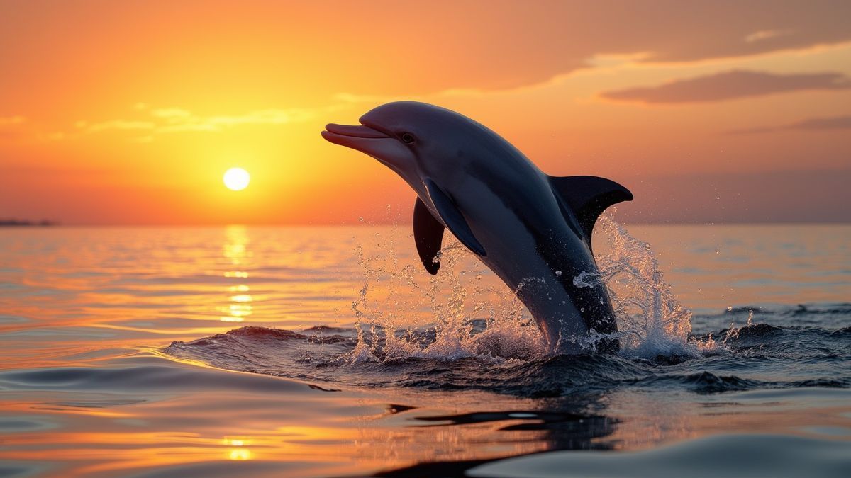 Een dolfijn die uit het water springt tegen een achtergrond van zonsondergang