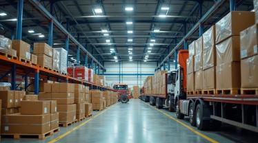 Een druk logistiek centrum met vrachtwagens en medewerkers die pakketten organiseren