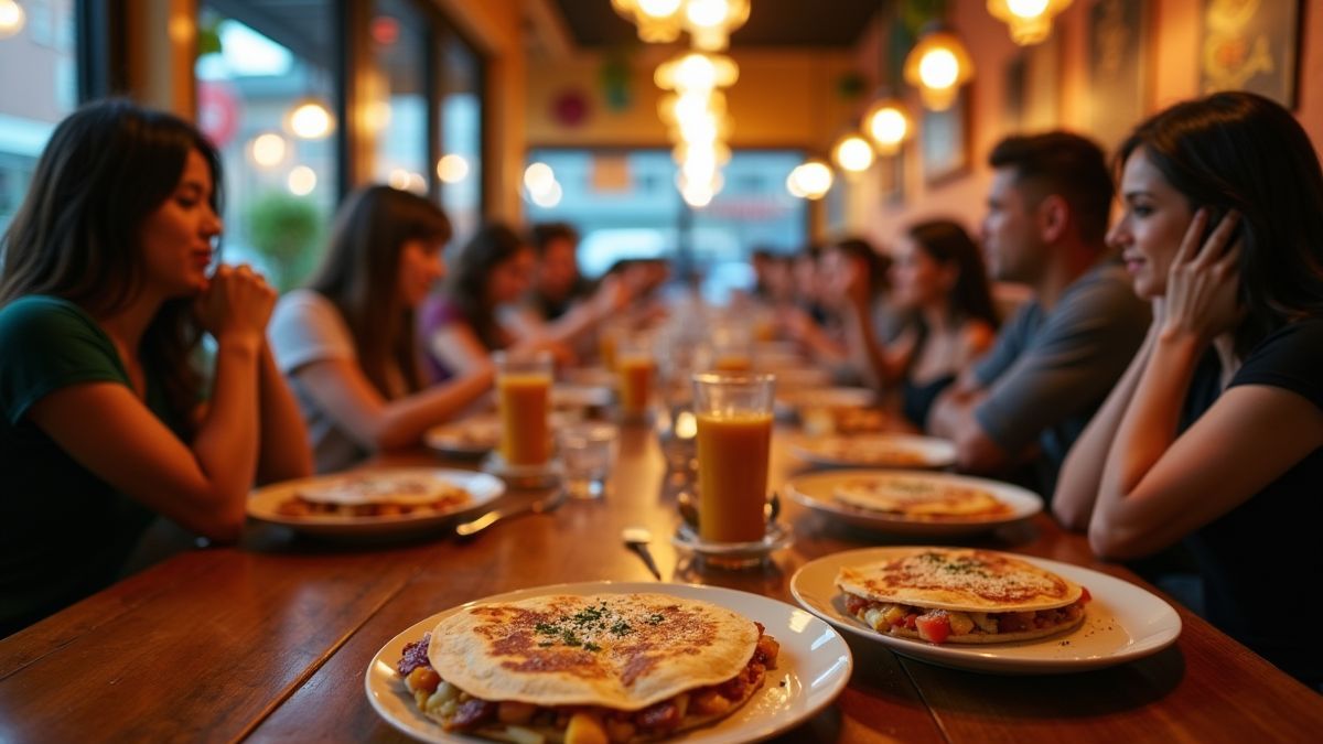 Een druk Mexicaans restaurant met mensen die genieten van quesadillas.