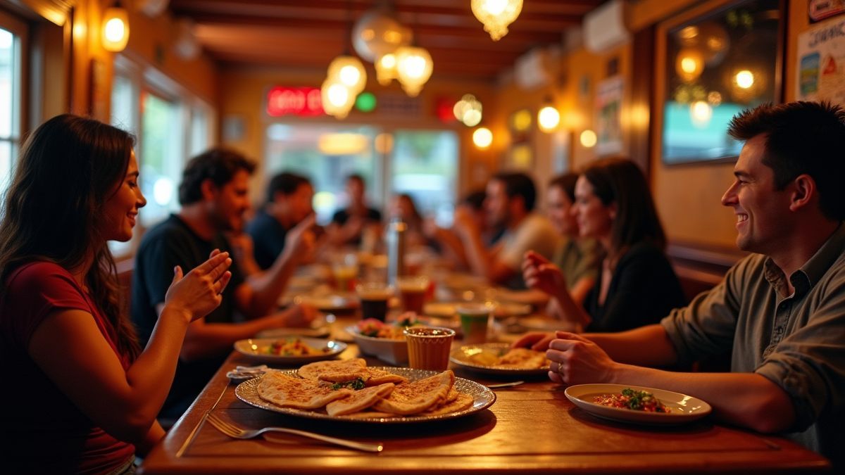 Een druk Mexicaans restaurant met mensen die genieten van quesadillas.