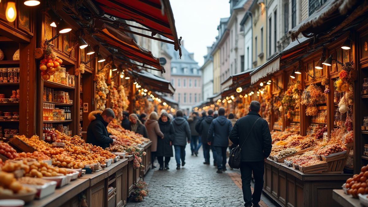 Een drukke Belgische markt met lokale ambachten en voedsel.