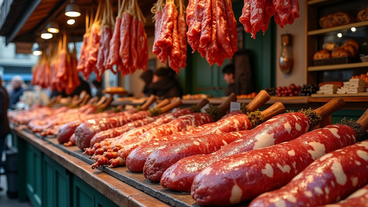 Een drukke Belgische markt met verschillende soorten vleeswaren.