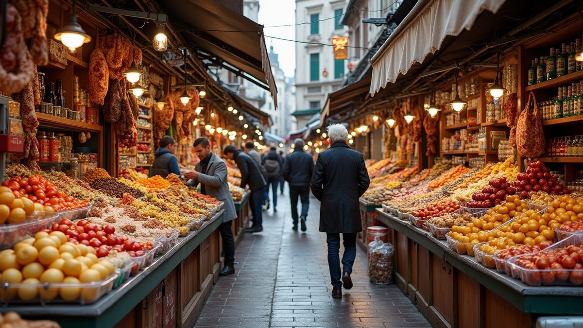 Een drukke markt met een verscheidenheid aan internationale producten.