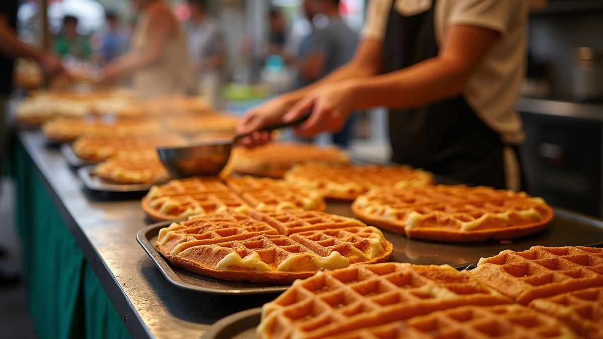 Een drukke marktkraam voor Belgische wafels, met verse wafels die worden bereid en geserveerd.