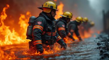 Een brandweerman in actie tegen vlammen