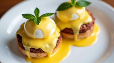 Een elegant bord Eggs Benedict met gepocheerde eieren en Hollandaise saus