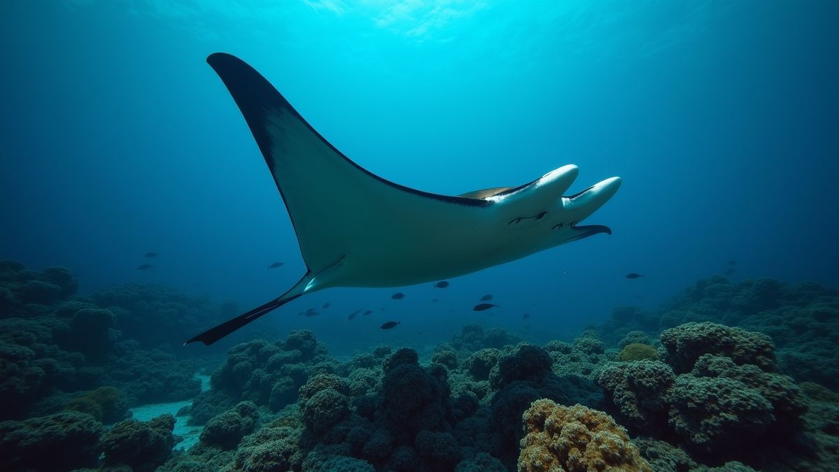 Een elegante manta ray glijdt door koraalriffen
