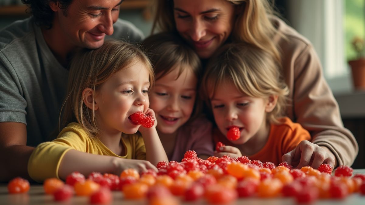Een familie geniet samen van dropjes