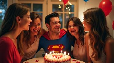 Een feest ter gelegenheid van Superman Dag met vrienden en een taart met het S-embleem