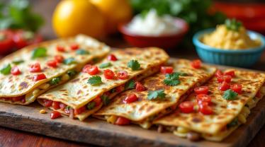 Een bord met kleurrijke quesadillas met guacamole en salsa.