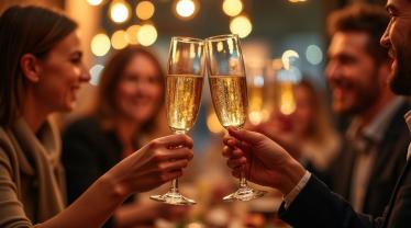 Een feestelijke tafel met glazen Prosecco en fruit