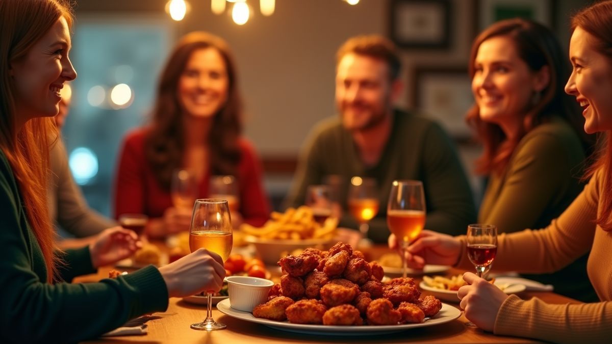 Een feestelijke bijeenkomst met vrienden die genieten van kippenvleugels