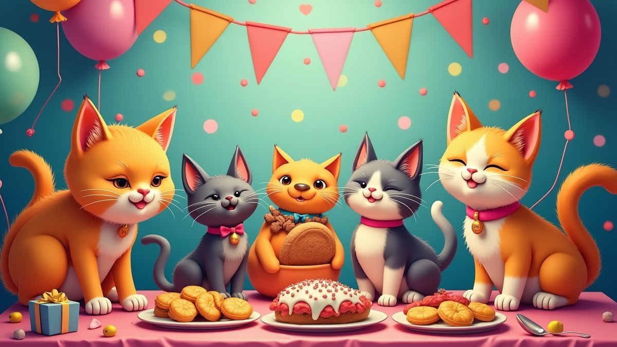Een feestelijke bijeenkomst ter ere van katten met kleurrijke decoraties.