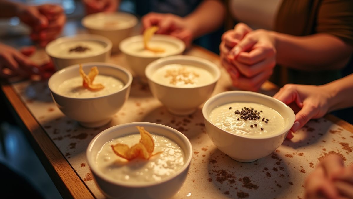 Een feestelijke bijeenkomst van mensen die verschillende tapioca pudding recepten proeven