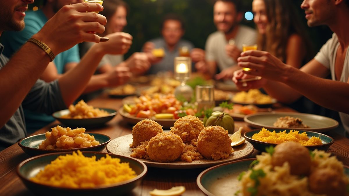 Een feestelijke bijeenkomst waar mensen verschillende mofongo-gerechten genieten.