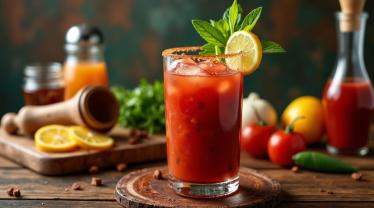 Een feestelijke Bloody Mary cocktail met garneringen op een houten tafel.