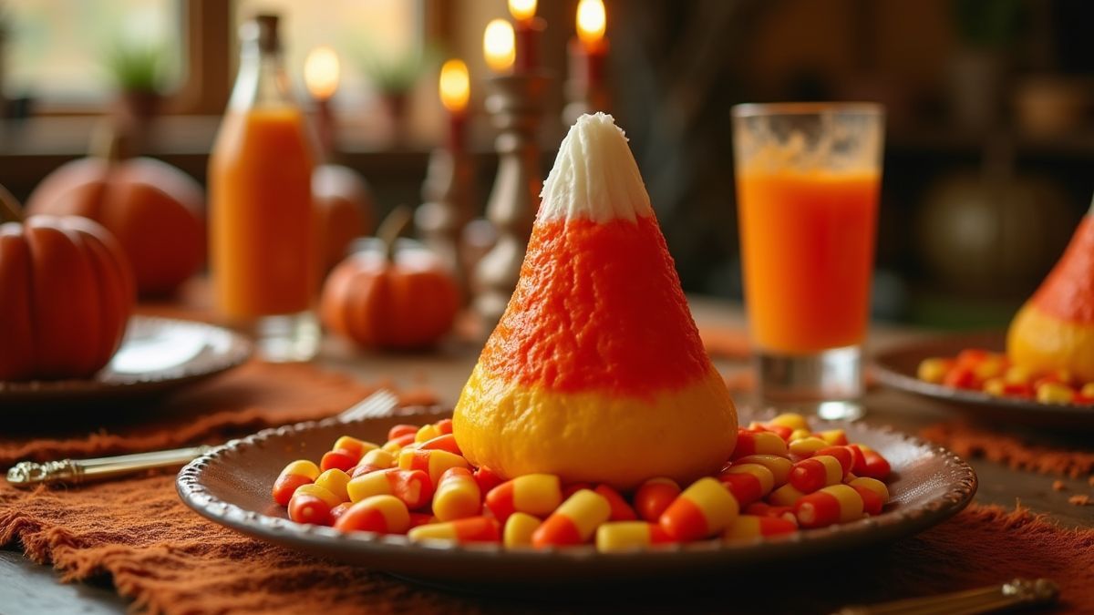 Een feestelijke Halloween bijeenkomst met candy corn in het midden