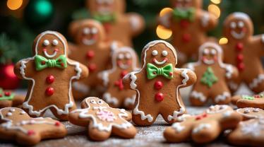 Een feestelijke opstelling van peperkoekkoekjes en decoraties
