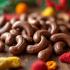 Een feestelijke presentatie van chocoladebedekte cashewnoten met een Belgische achtergrond.