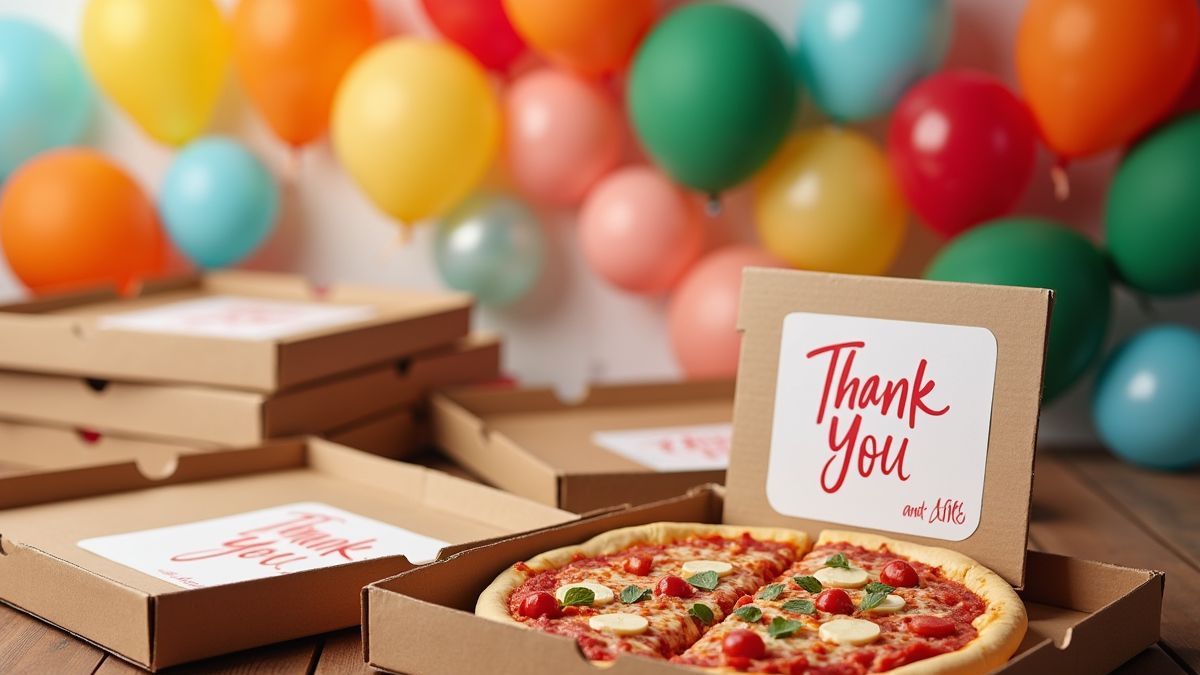 Een feestelijke setting met pizzadozen en bedankkaartjes.