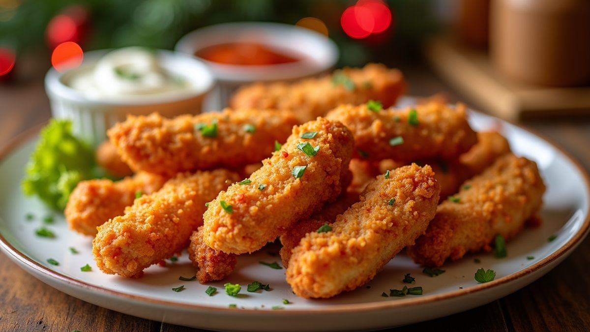 Een feestelijke tafel met knapperige kipvingers en dipsaus
