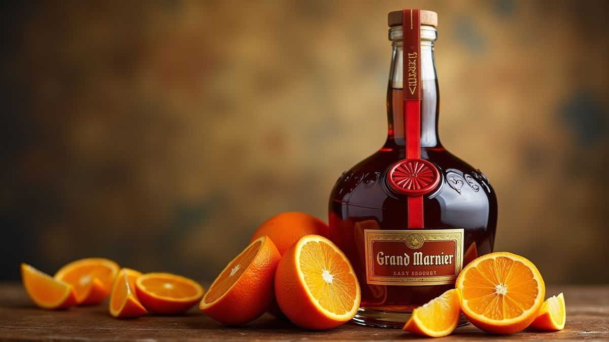Een fles Grand Marnier met sinaasappels en een vintage achtergrond.