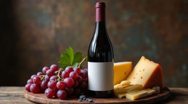 Een fles Pinot Noir op een rustieke houten tafel met druiven en kaas.