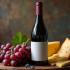 Een fles Pinot Noir op een rustieke houten tafel met druiven en kaas.