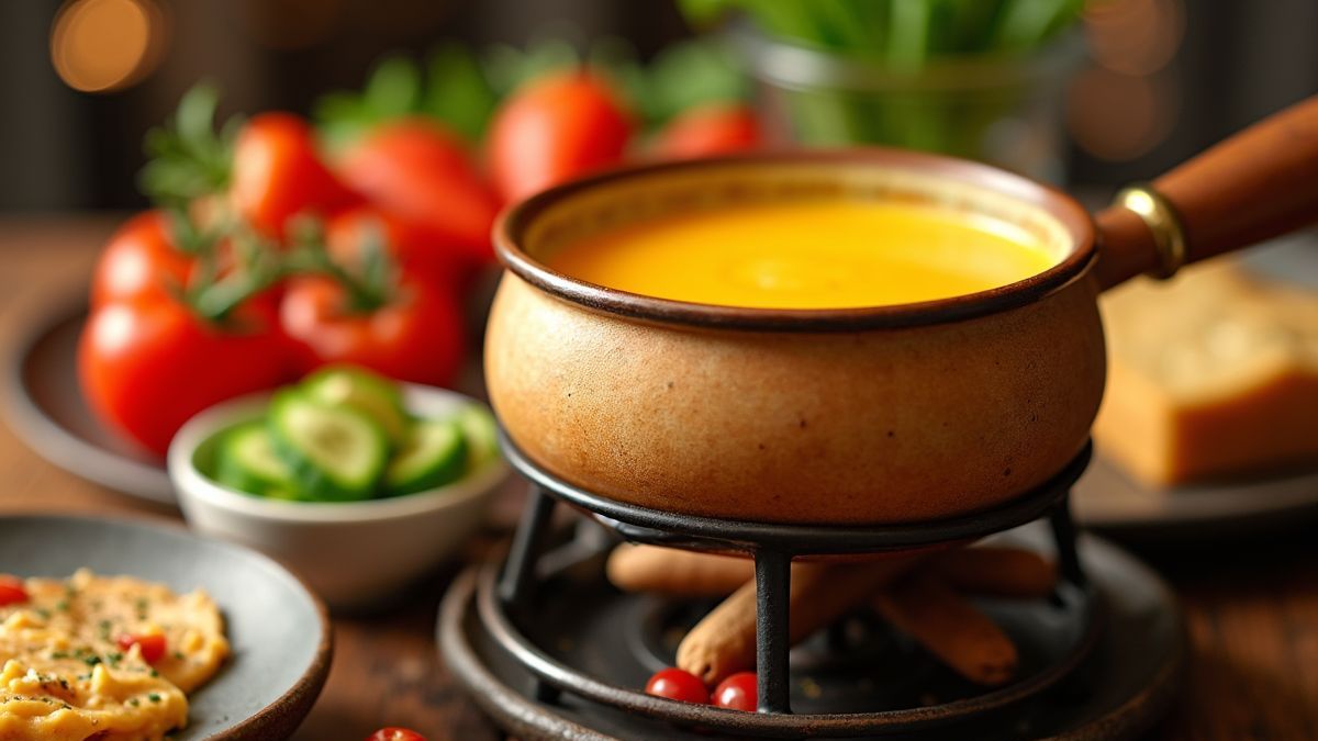 Een fonduestel met gesmolten kaas en groenten