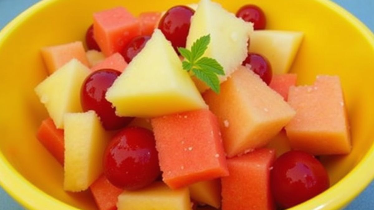 Een frisse fruitsalade met meloen en andere ingrediënten.