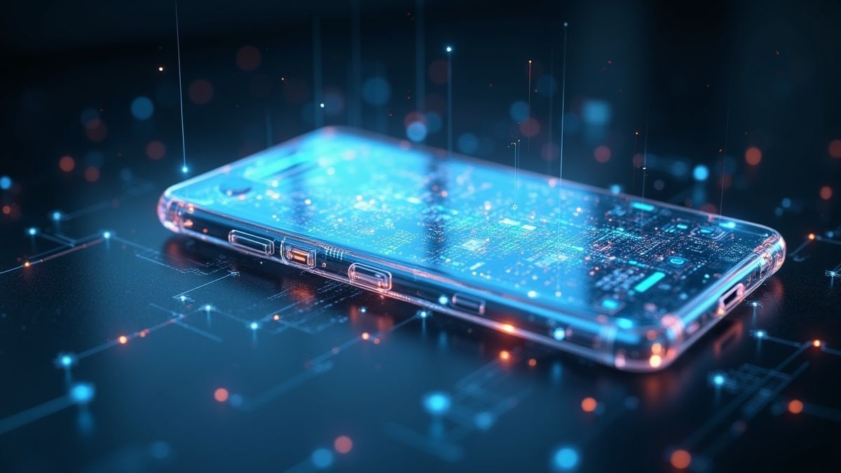 Een futuristisch smartphoneconcept met transparantie en AI.