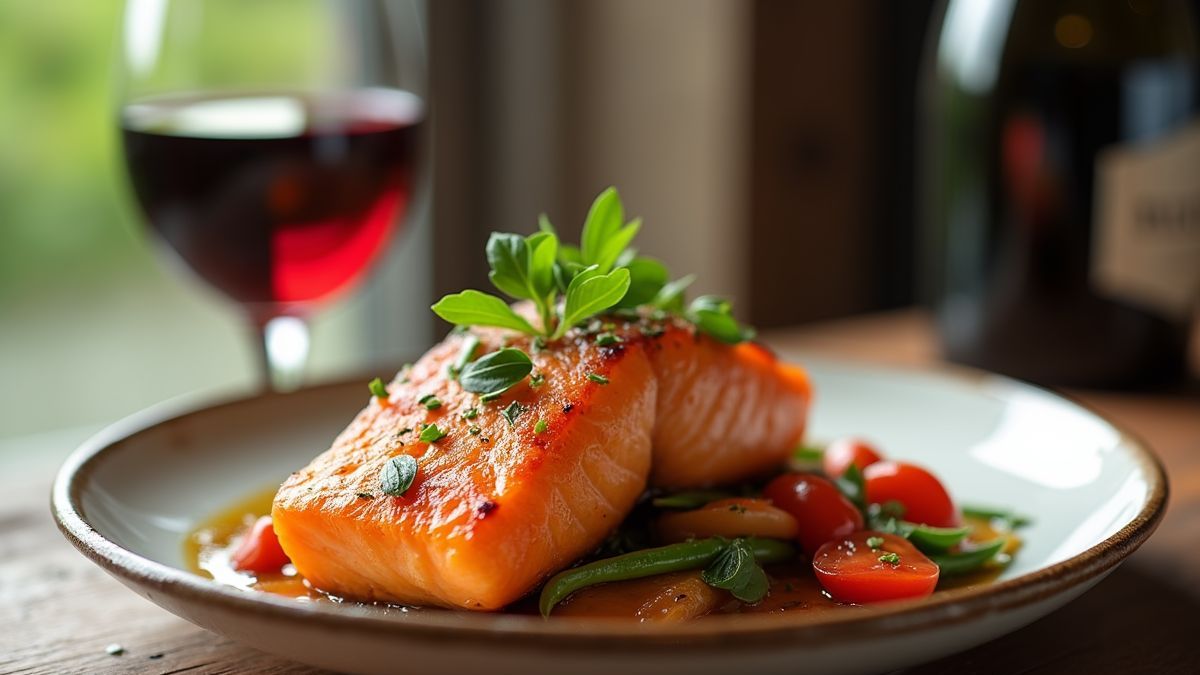 Een gastronomisch gerecht van geroosterde zalm vergezeld door een glas Pinot Noir.