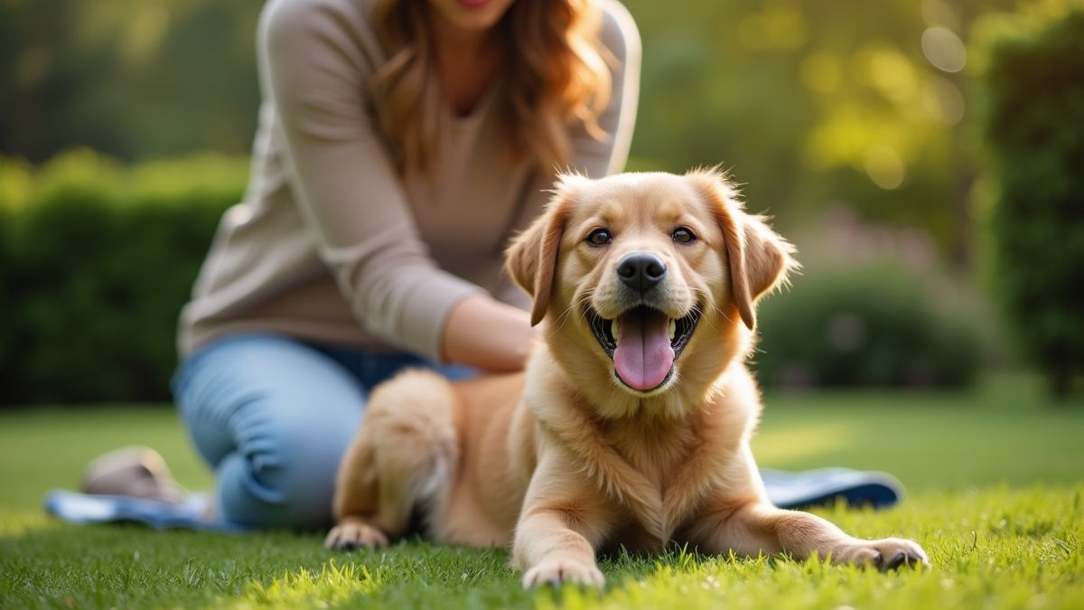 Een geadopteerde hond in een tuin met zijn nieuwe eigenaar