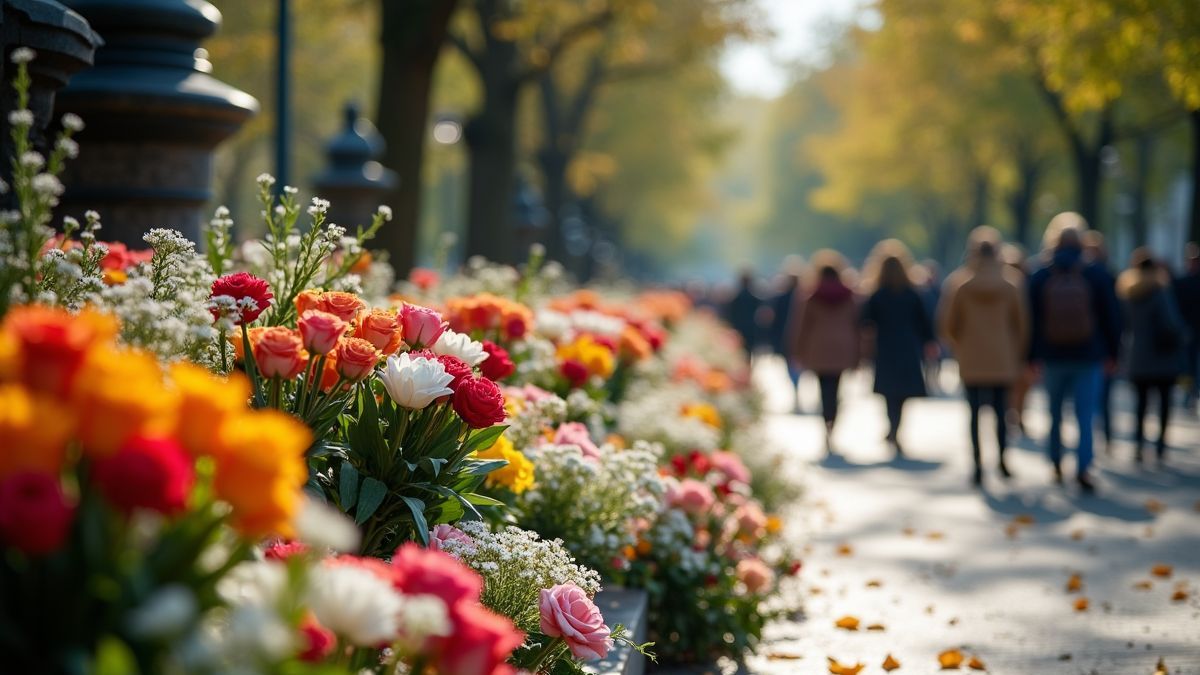 Een gedenkplek met bloemen en respectvolle bezoekers