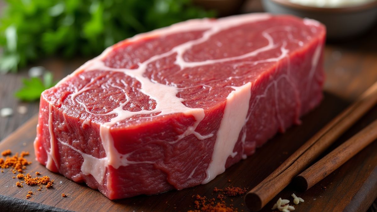 Een gedetailleerd beeld van Wagyu vlees met prachtige marmering, omringd door kruiden en specerijen.